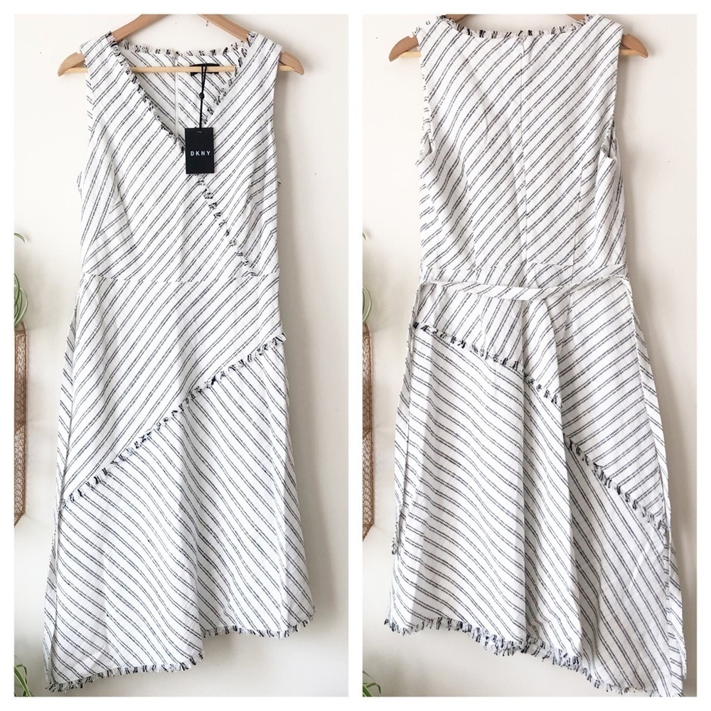 DKNY Cotton Blend Asymmetrical Striped Sleeveless Dress w/ Belt & Pockets Sz 10 - Picture 3 of 15